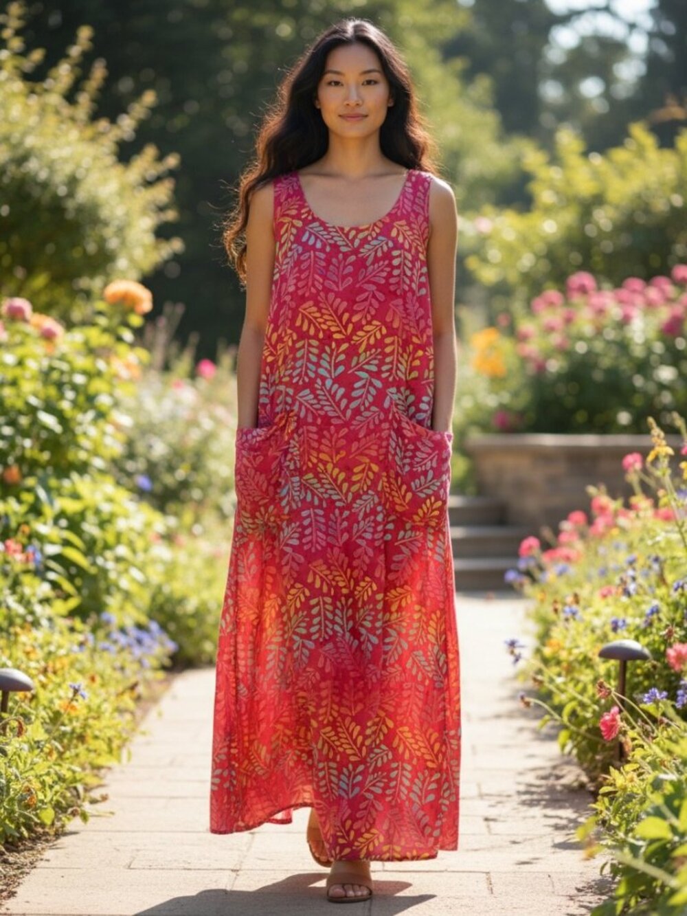 VTG April Cornell Rayon Maxi Tank Dress Leaf Print Tie Dye Sz L Beach Coastal